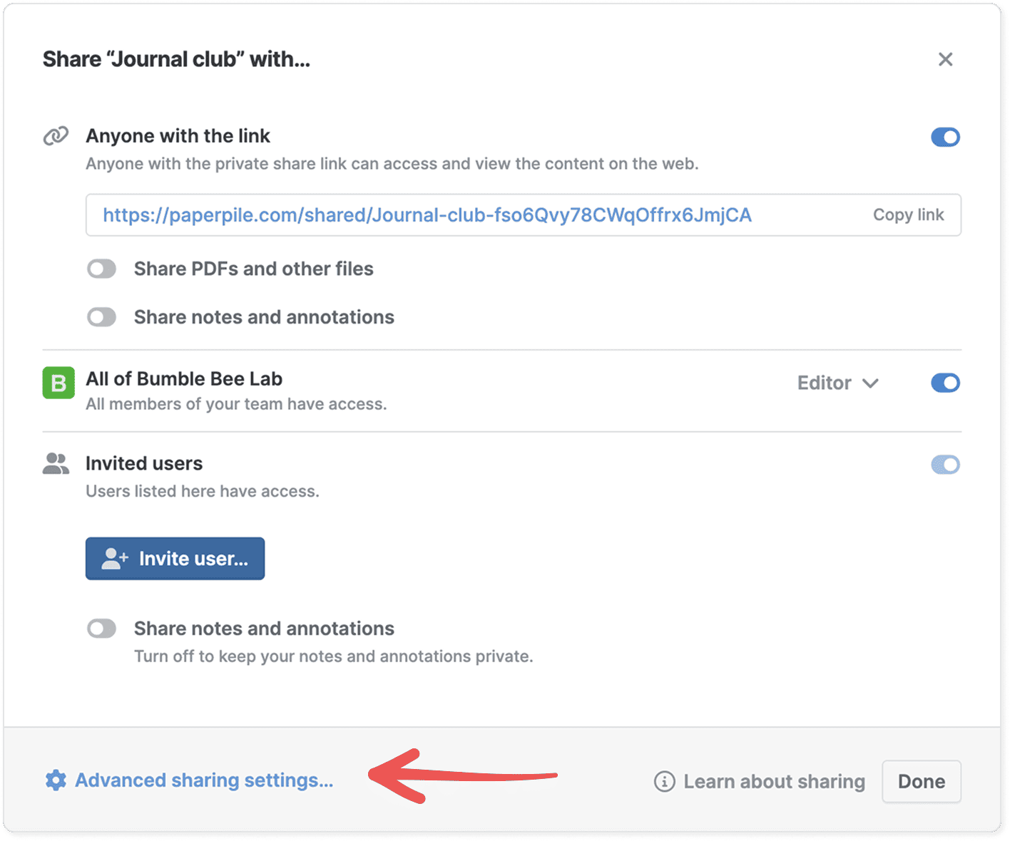 The “Share ‘Journal club’ with…” dialog with a red arrow pointing to the “Advanced sharing settings…” link in the bottom left, beside “Learn about sharing” and Done.